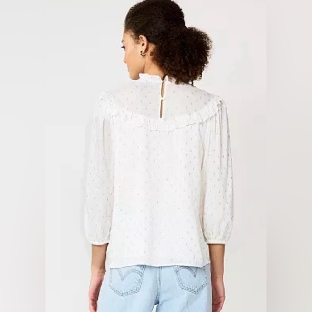 Draper James RSVP Women’s White Gold Clip Dot Mockneck Blouse Size‎ Large Lined - Picture 2 of 8